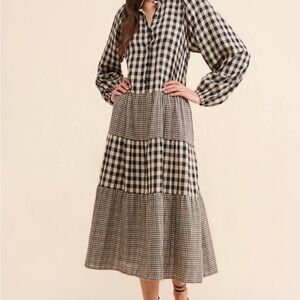 Little Lies Contast White and Black Gingham Tiered Shirt Dress